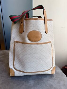 Gucci RARE Coated Canvas Tote with Tan Leather Trim and Green-Red Stripe Strap